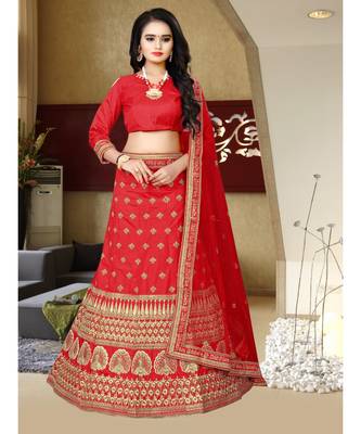 Red Colored Party Wear Designer Embroidered Malay Satin Cancan Lehenga Choli 2