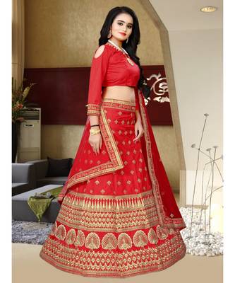 Red Colored Party Wear Designer Embroidered Malay Satin Cancan Lehenga Choli 3