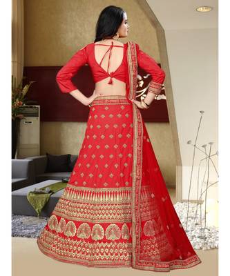 Red Colored Party Wear Designer Embroidered Malay Satin Cancan Lehenga Choli 4