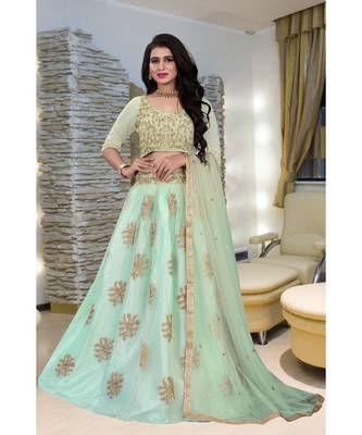 Unique Olive Green Colored Embroidery Work Party Wear Designer Net with Raw Silk  Cancan Lehenga Choli 1