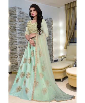 Unique Olive Green Colored Embroidery Work Party Wear Designer Net with Raw Silk  Cancan Lehenga Choli 2