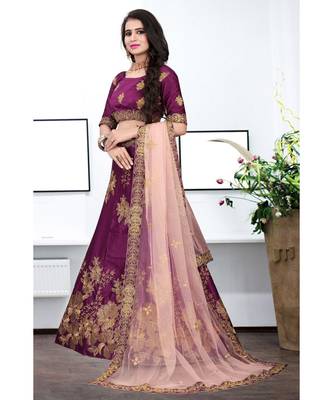 Magenta Colored Partywear Designer Embroidery Work Silk material  Cancan Lehenga Choli 3