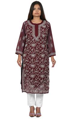 Lavangi Lucknow Chikankari Tepchi Work Chiffon Kurti (Wine) 1
