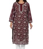 Lavangi Lucknow Chikankari Tepchi Work Chiffon Kurti (Wine)