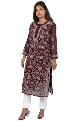 Lavangi Lucknow Chikankari Tepchi Work Chiffon Kurti (Wine) 2
