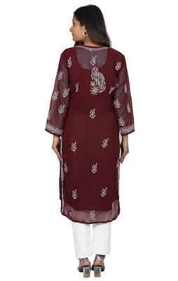 Lavangi Lucknow Chikankari Tepchi Work Chiffon Kurti (Wine) 3