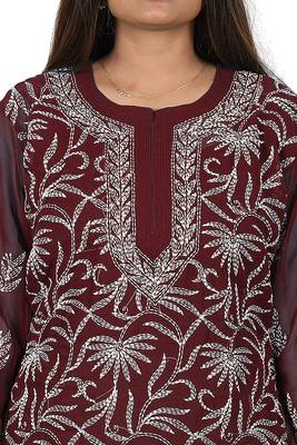 Lavangi Lucknow Chikankari Tepchi Work Chiffon Kurti (Wine) 4