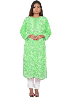 Lavangi Lucknow Chikankari Tepchi Work Chiffon Kurti (Light Green) 2