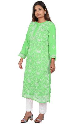 Lavangi Lucknow Chikankari Tepchi Work Chiffon Kurti (Light Green) 3