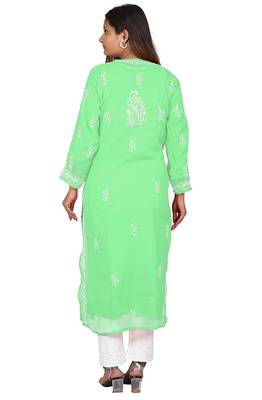 Lavangi Lucknow Chikankari Tepchi Work Chiffon Kurti (Light Green) 4