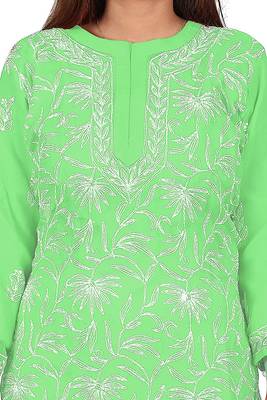 Lavangi Lucknow Chikankari Tepchi Work Chiffon Kurti (Light Green) 5
