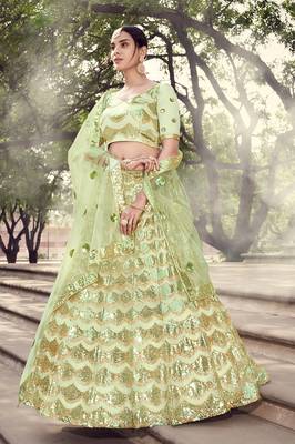 Light-green sequins net semi stitched lehenga 1