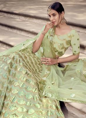 Light-green sequins net semi stitched lehenga 2