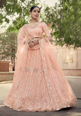 Peach sequins net semi stitched lehenga 1
