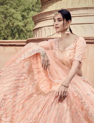 Peach sequins net semi stitched lehenga 2