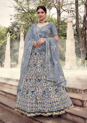 Grey sequins net semi stitched lehenga 1