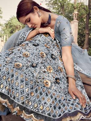 Grey sequins net semi stitched lehenga 3
