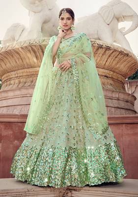 Light-green sequins net semi stitched lehenga 1