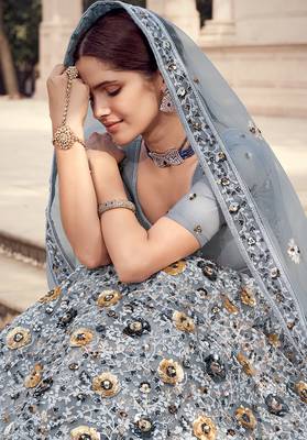 Grey sequins net semi stitched lehenga 4