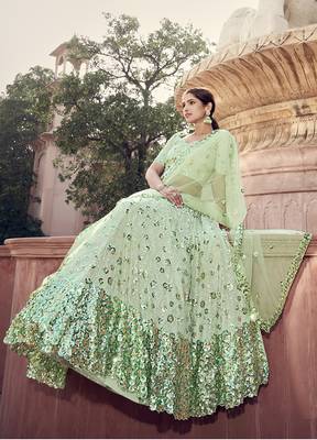 Light-green sequins net semi stitched lehenga 2