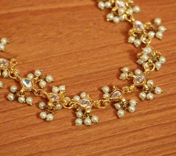 White Pearl and Kundan Studded Yellow Gold Wedding Necklace 2