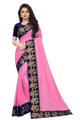 Pink Vichitra Silk Jacquard Lace saree With Blouse Piece. 1