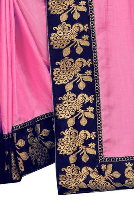 Pink Vichitra Silk Jacquard Lace saree With Blouse Piece. 4