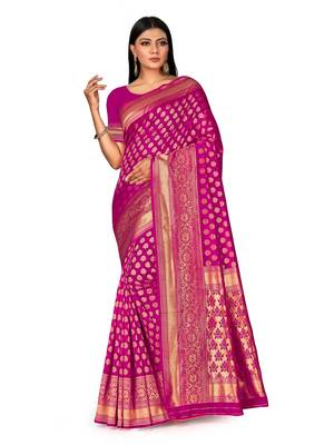 Mehrang Pink Woven Banarasi Silk Saree with Blouse  1