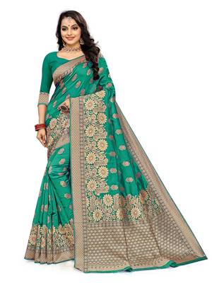 Mehrang Rama Woven Banarasi Silk Saree with Blouse 1