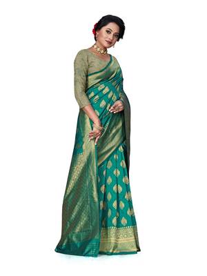 Mehrang Rama Woven Banarasi Silk Saree with Blouse 3