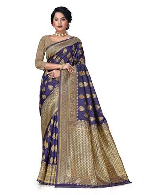 Mehrang Navy Blue Woven Banarasi Silk Saree with Blouse 1