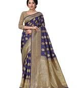 Mehrang Navy Blue Woven Banarasi Silk Saree with Blouse