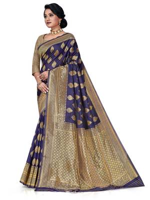 Mehrang Navy Blue Woven Banarasi Silk Saree with Blouse 2