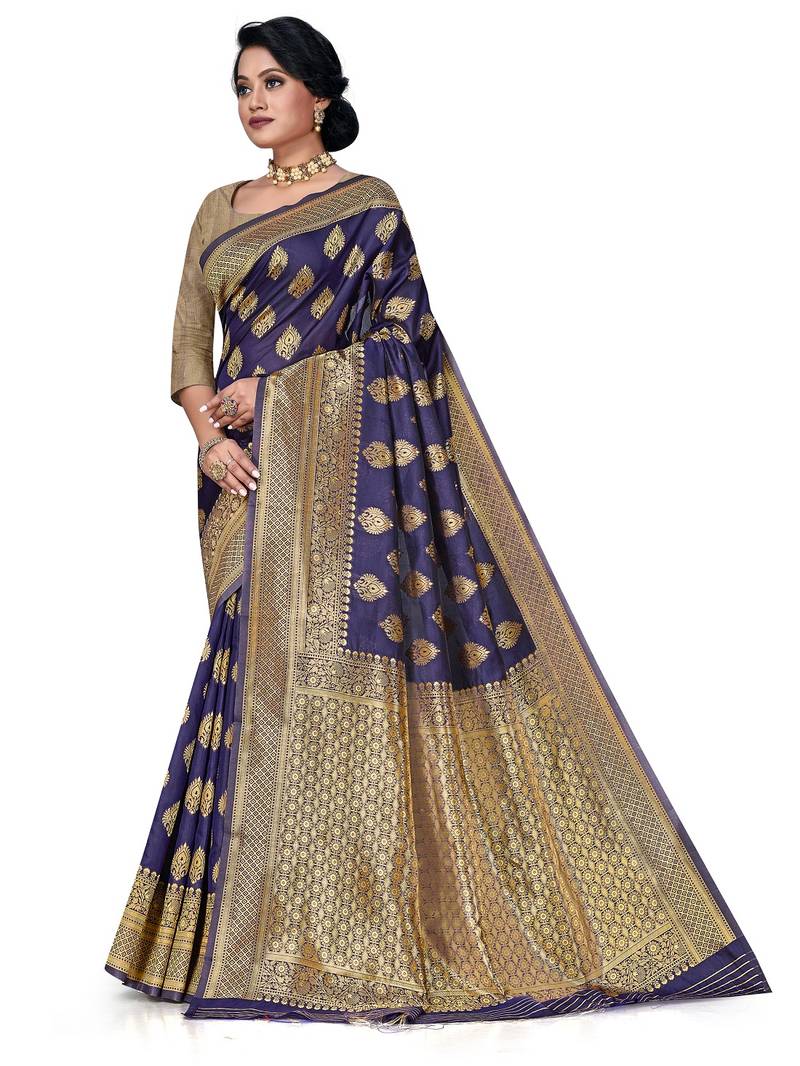 Mehrang Navy Blue Woven Banarasi Silk Saree with Blouse