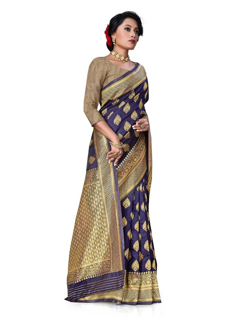 Mehrang Navy Blue Woven Banarasi Silk Saree with Blouse