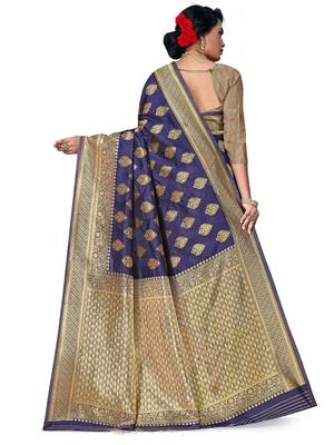 Mehrang Navy Blue Woven Banarasi Silk Saree with Blouse 4