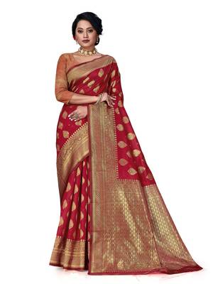 Mehrang Red Woven Banarasi Silk Saree with Blouse 1