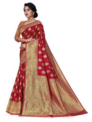 Mehrang Red Woven Banarasi Silk Saree with Blouse 2
