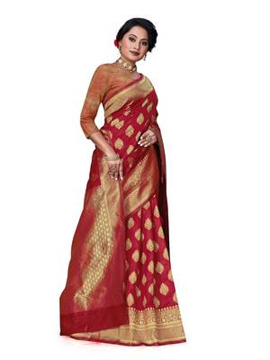 Mehrang Red Woven Banarasi Silk Saree with Blouse 3