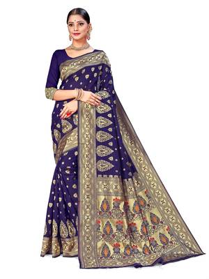 Mehrang Blue Woven Banarasi Silk Saree with Blouse 1