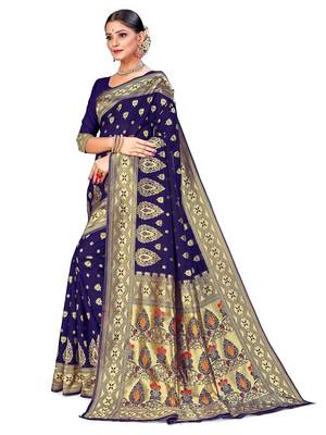 Mehrang Blue Woven Banarasi Silk Saree with Blouse 2