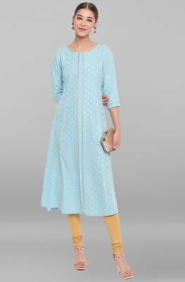 Turquoise printed crepe ethnic kurtis 1