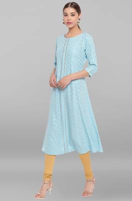 Turquoise printed crepe ethnic kurtis 2
