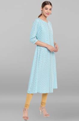 Turquoise printed crepe ethnic kurtis 3