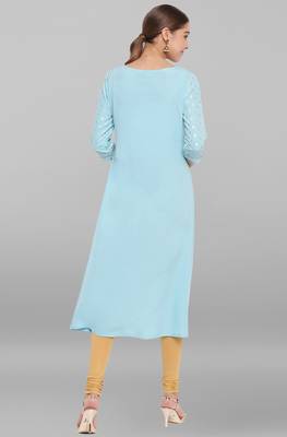 Turquoise printed crepe ethnic kurtis 4
