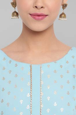 Turquoise printed crepe ethnic kurtis 5