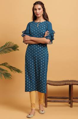Teal green printed crepe ethnic kurtis 2