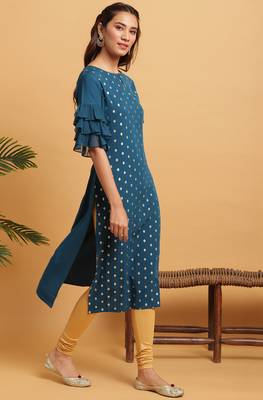 Teal green printed crepe ethnic kurtis 3