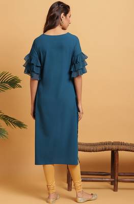 Teal green printed crepe ethnic kurtis 4
