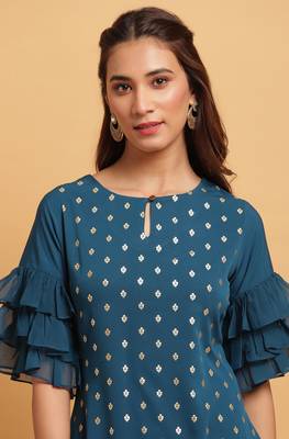 Teal green printed crepe ethnic kurtis 5